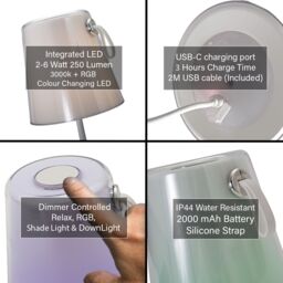 Happy Homewares Tall Modern White LED Colour Changing Rechargeable Touch Table Lamp - thumbnail 4
