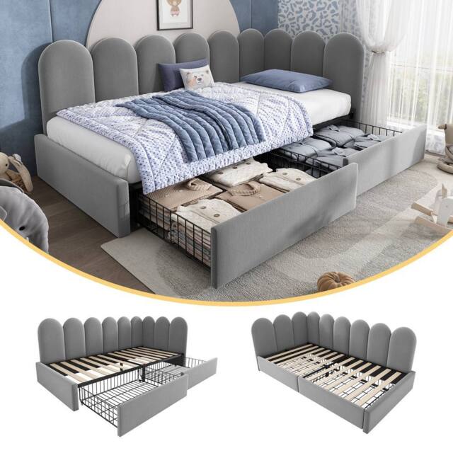 Matteo Grey Velvet Upholstered Bed for Kids Daybed with Drawer Storage - Size: Single - image 1