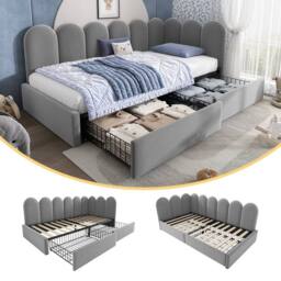 Matteo Grey Velvet Upholstered Bed for Kids Daybed with Drawer Storage - Size: Single
