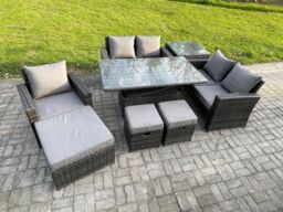 Fimous Outdoor Rattan Patio Furniture Set Garden Lounge Sofa Set with Rising Lifting Table Side Table 3 Footstools Dark Grey Mixed - thumbnail 1
