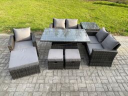 Fimous Outdoor Rattan Patio Furniture Set Garden Lounge Sofa Set with Rising Lifting Table Side Table 3 Footstools Dark Grey Mixed - thumbnail 2