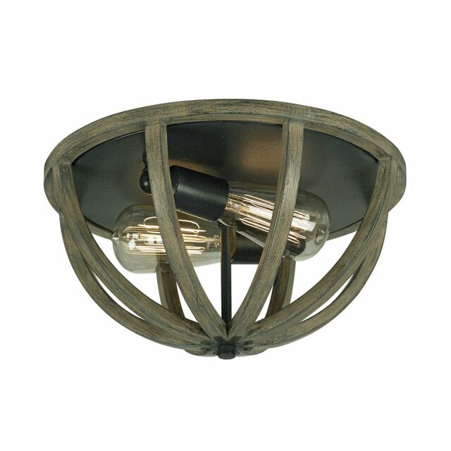 Loops 2 Bulb Flush Light Low Ceiling Weather Oak Wood Antique Forged Iron LED E27 60W