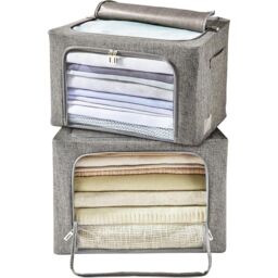 mysmartbuy 2 x Stackable Foldaway Grey Storage Boxes - Sturdy Clothes Organiser Box with Zipped Front & Viewing Window - 33 x 50 x 40cm - thumbnail 2