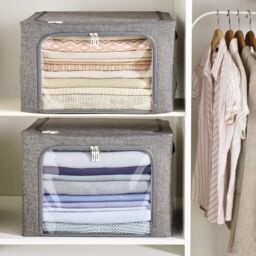 mysmartbuy 2 x Stackable Foldaway Grey Storage Boxes - Sturdy Clothes Organiser Box with Zipped Front & Viewing Window - 33 x 50 x 40cm - thumbnail 1