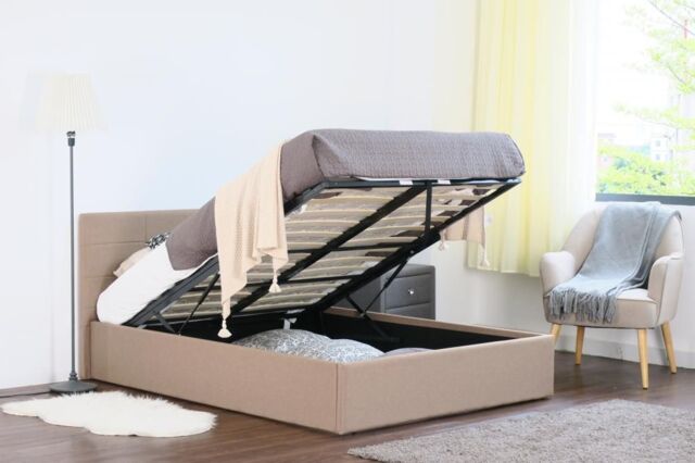 Comfy Living Ltd Linen Fabric Gas Lift Ottoman Bed in Light Brown - Size: Double - image 1