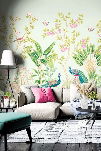 Origin Murals Peacock Garden Wall Mural in Light Blue - Size: W300 cm x H240 cm - image 1