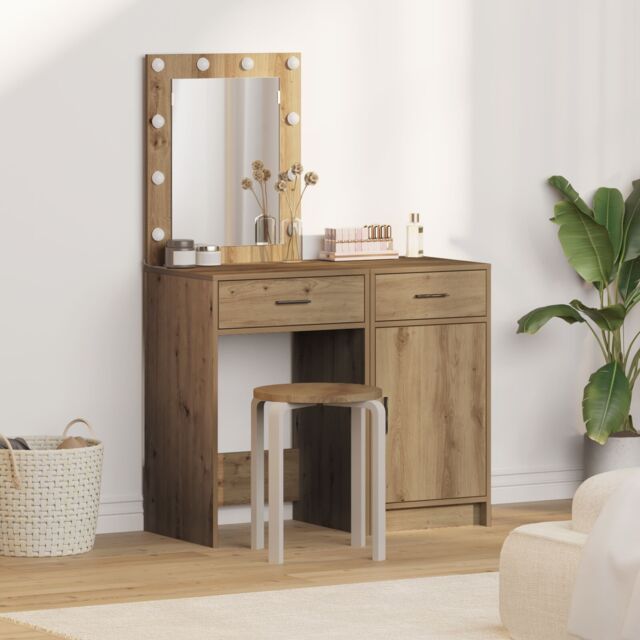 Berkfield Home 2-Piece Dressing Table Set with LED in Artisan Oak Engineered Wood in Brown - image 1