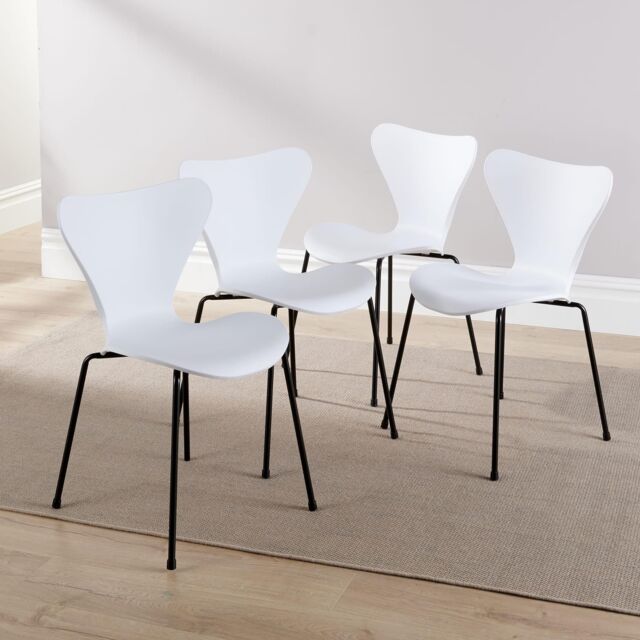 Home Source Set 4 Dining Chairs Curved Iron Tube Legs PP Seat Retro Diner Kitchen in White - image 1