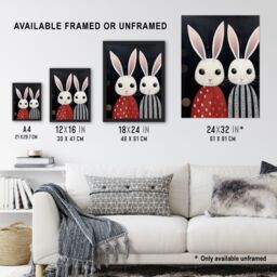 "Artery8 Wall Art Print White Bunny Rabbits in Dresses Painting Red Black Kids Poster - Size: W18"" x H24""" - thumbnail 3