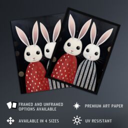 "Artery8 Wall Art Print White Bunny Rabbits in Dresses Painting Red Black Kids Poster - Size: W18"" x H24""" - thumbnail 2