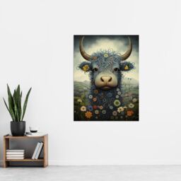 "Artery8 Small Blue Highland Cow In Wildflower Meadow Fun Wee Blue Coo Artwork Extra Large XL Unframed Wall Art Poster Print - Size: W24"" x H32""" - thumbnail 4