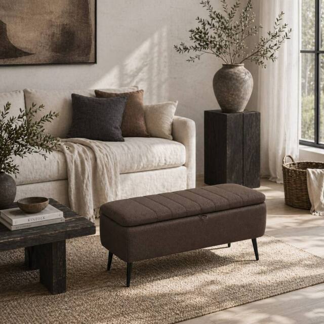 Wyld Haus Mahano Dark Brown Linen Look Rectangular Storage Ottoman - image 1