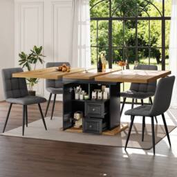 Merax Black Extendable 4-6 Seater Dining Table with Storage Pedestal Base - thumbnail 4