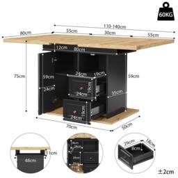 Merax Black Extendable 4-6 Seater Dining Table with Storage Pedestal Base - thumbnail 2