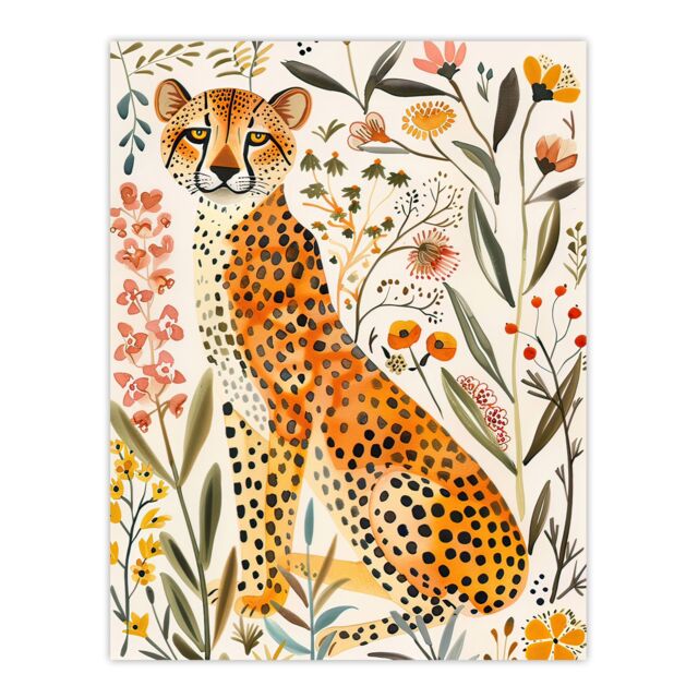 "Artery8 Happy Cheetah with Wildflowers Watercolour Wall Art Print - Size: W12"" x H16""" - image 1