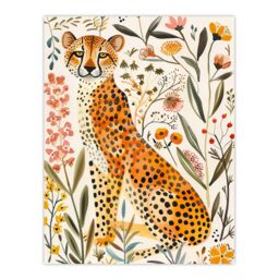 "Artery8 Happy Cheetah with Wildflowers Watercolour Wall Art Print - Size: W12"" x H16""" - thumbnail 1