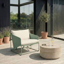 Wyld and Coco Low Oversized Lounge Chair Waterproof Upholstery Green Galvanised
