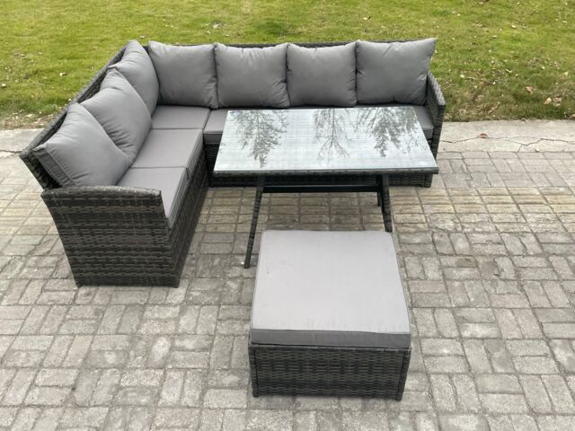 Fimous Rattan Garden Furniture Corner Sofa Set with Oblong Dining Table Big Footstool Outdoor Rattan Set in Dark Grey - image 1