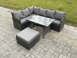 Fimous Rattan Garden Furniture Corner Sofa Set with Oblong Dining Table Big Footstool Outdoor Rattan Set in Dark Grey - thumbnail 2