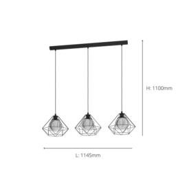 Eglo Vernham Smoke Metal & Glass 3 Light Ceiling Pendant in Black - thumbnail 3