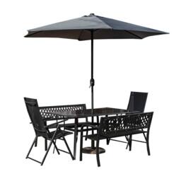 Samuel Alexander Outdoor 6 Person Glass Top Table Benches & Chairs, Parasol & Base in Grey - thumbnail 9