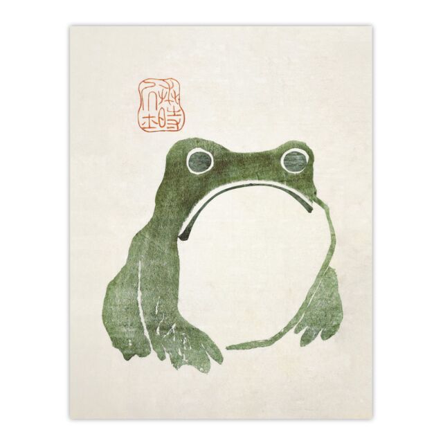 "Artery8 Vintage Japanese Cute Grumpy Frog Matsumoto Hoji Wall Art Print in Green - Size: W12"" x H16""" - image 1
