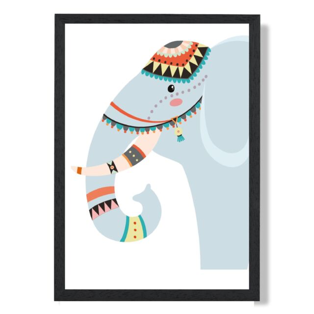ARTZE Peeking Elephant Tribal Animal Framed Print SIZE: A4 with Black Frame in Pale Blue - image 1