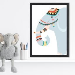 ARTZE Peeking Elephant Tribal Animal Framed Print SIZE: A4 with Black Frame in Pale Blue - thumbnail 2