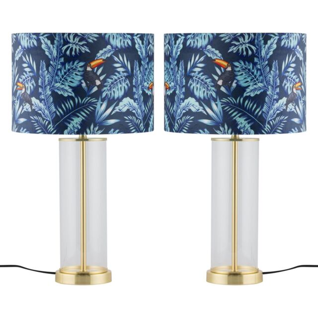 First Choice Lighting Set of 2 Aura - Satin Brass Lamps with Toucan Velvet Shades in Gold - image 1