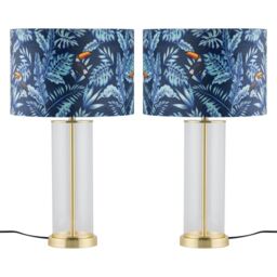 First Choice Lighting Set of 2 Aura - Satin Brass Lamps with Toucan Velvet Shades in Gold