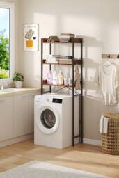 Living and Home 3-Tier Freestanding Over Toilet Storage Rack with 4 Hooks in Brown - thumbnail 2