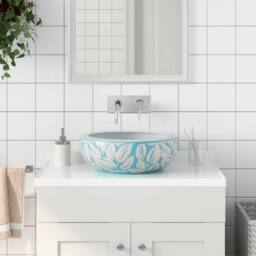 Berkfield Home Countertop Basin White & Blue Round Œ¶41x14 cm Ceramic - Size: 41x14 cm - thumbnail 2