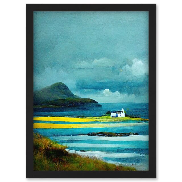 Artery8 Isle Harris White Crofters Cottage Scotland Seascape Artwork Framed Wall Art Print A4 in Black - image 1