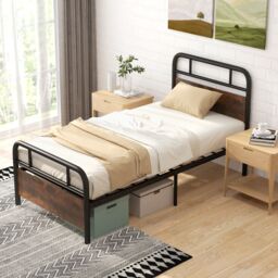 Costway Single Size Bed Frame Platform Metal Slats Support Bed W/ Industrial Headboard in Black - thumbnail 6