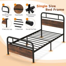 Costway Single Size Bed Frame Platform Metal Slats Support Bed W/ Industrial Headboard in Black - thumbnail 3