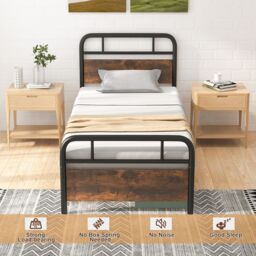 Costway Single Size Bed Frame Platform Metal Slats Support Bed W/ Industrial Headboard in Black - thumbnail 5