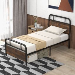 Costway Single Size Bed Frame Platform Metal Slats Support Bed W/ Industrial Headboard in Black - thumbnail 2