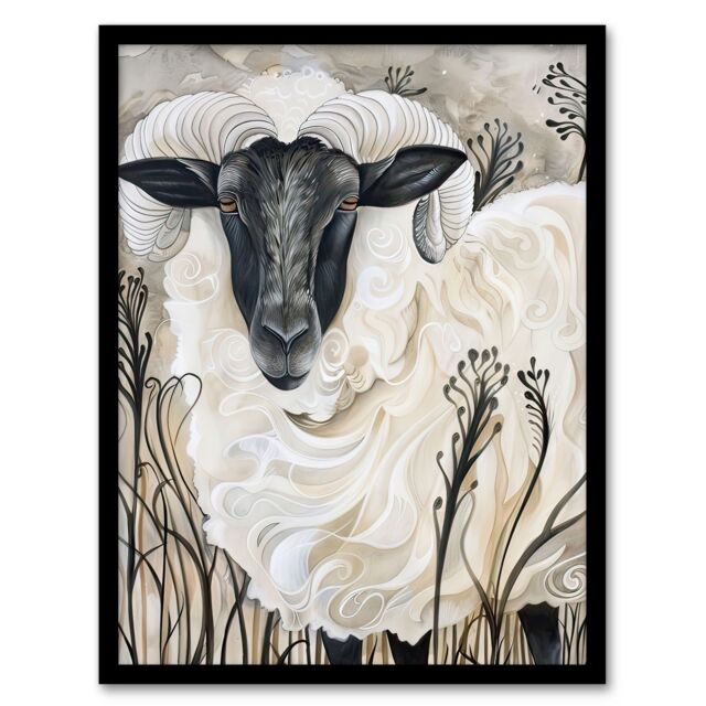"Artery8 Stylised Ram Sheep Animal Portrait Painting Framed Art Print in Off-White - Size: W12"" x H16""" - image 1