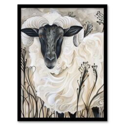 "Artery8 Stylised Ram Sheep Animal Portrait Painting Framed Art Print in Off-White - Size: W12"" x H16""" - thumbnail 1