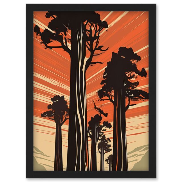 Artery8 Sequoia National Forest Large Tree Linocut Poster Artwork Framed Wall Art Print A4 in Black - image 1