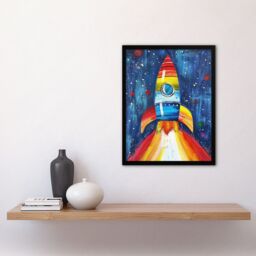 "Artery8 Rainbow Rocket Blast Off-Space Painting Colourful Framed Art Print in Blue - Size: W12"" x H16""" - thumbnail 4