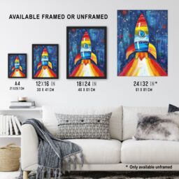 "Artery8 Rainbow Rocket Blast Off-Space Painting Colourful Framed Art Print in Blue - Size: W12"" x H16""" - thumbnail 3