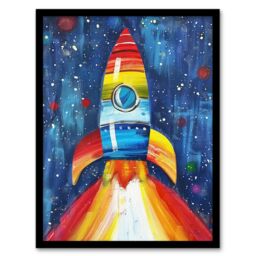 "Artery8 Rainbow Rocket Blast Off-Space Painting Colourful Framed Art Print in Blue - Size: W12"" x H16""" - thumbnail 1