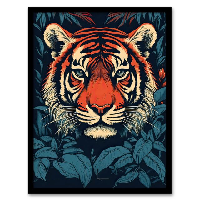 Artery8 Wall Art Print Fierce Bengal Tiger Emerging from Bushes Wildlife Painting Blue Orange Botanical Portrait Artwork Framed - Size: A4 - image 1