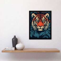 Artery8 Wall Art Print Fierce Bengal Tiger Emerging from Bushes Wildlife Painting Blue Orange Botanical Portrait Artwork Framed - Size: A4 - thumbnail 4