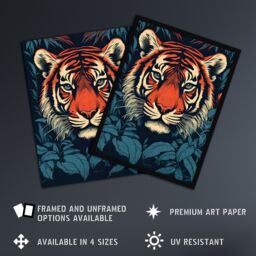 Artery8 Wall Art Print Fierce Bengal Tiger Emerging from Bushes Wildlife Painting Blue Orange Botanical Portrait Artwork Framed - Size: A4 - thumbnail 2