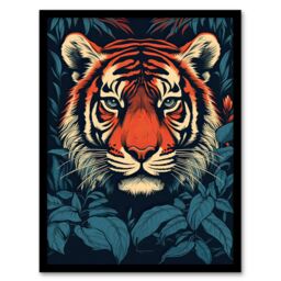 Artery8 Wall Art Print Fierce Bengal Tiger Emerging from Bushes Wildlife Painting Blue Orange Botanical Portrait Artwork Framed - Size: A4 - thumbnail 1