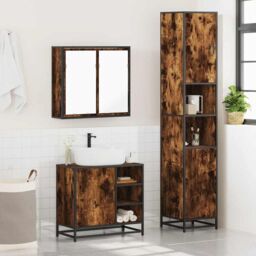 Berkfield Home 3 Piece Bathroom Furniture Set Smoked Oak Engineered Wood in Brown - thumbnail 4