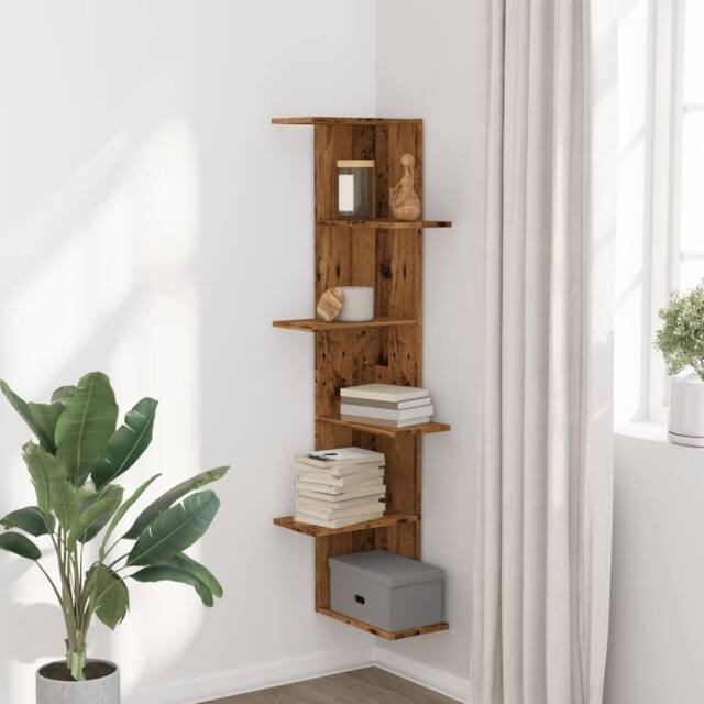Berkfield Home Wall Corner Shelf Old Wood 36.5x36.5x140 cm Engineered Wood in Brown - image 1