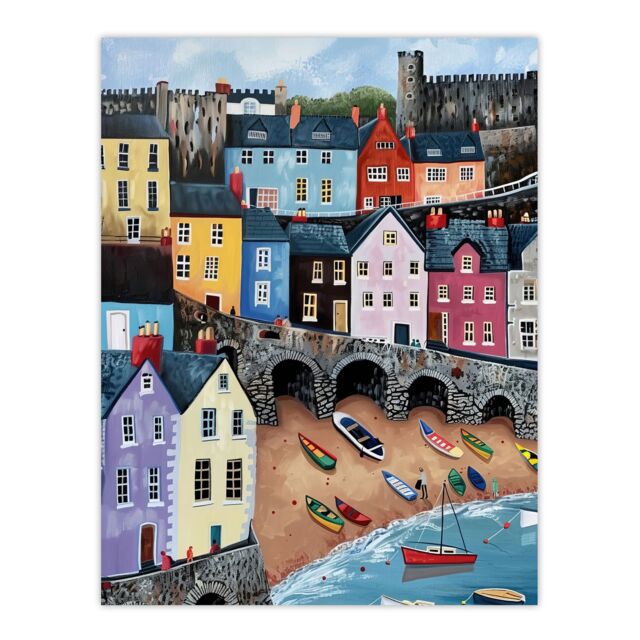 "Artery8 Tenby Harbour Beach Colourful Coastal Townscape Wall Art Print - Size: W24"" x H32""" - image 1